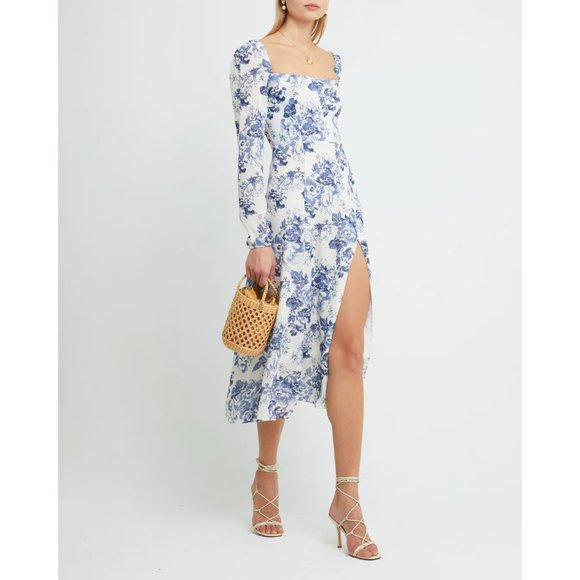 Blue Floral Dress w/High Slit by manu Reformation Sigmund Olympia White Midi 6 M - Picture 5 of 6